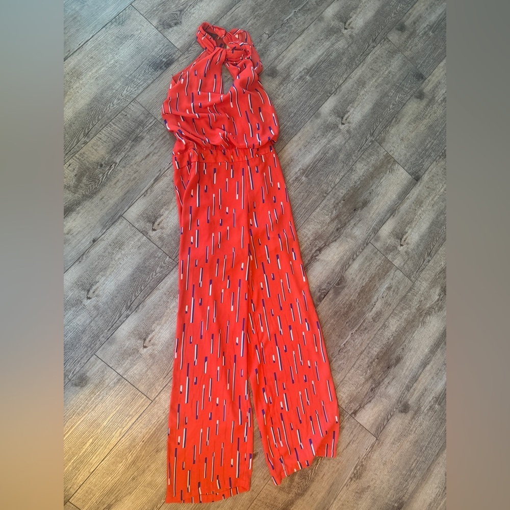 Sleeveless Red Halter Jumpsuit with Subtle Print - Picture 5 of 5
